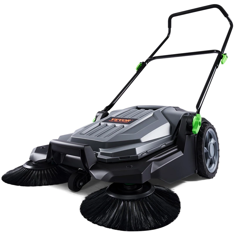 VEVOR 25.6" Sweeping Width Floor Sweeper Manual Non-Electric 5-Gallon Waste Container, Angle & Height Adjustable Folding Handle for Walkway, Yard, Garage, Patio, Gray + Black