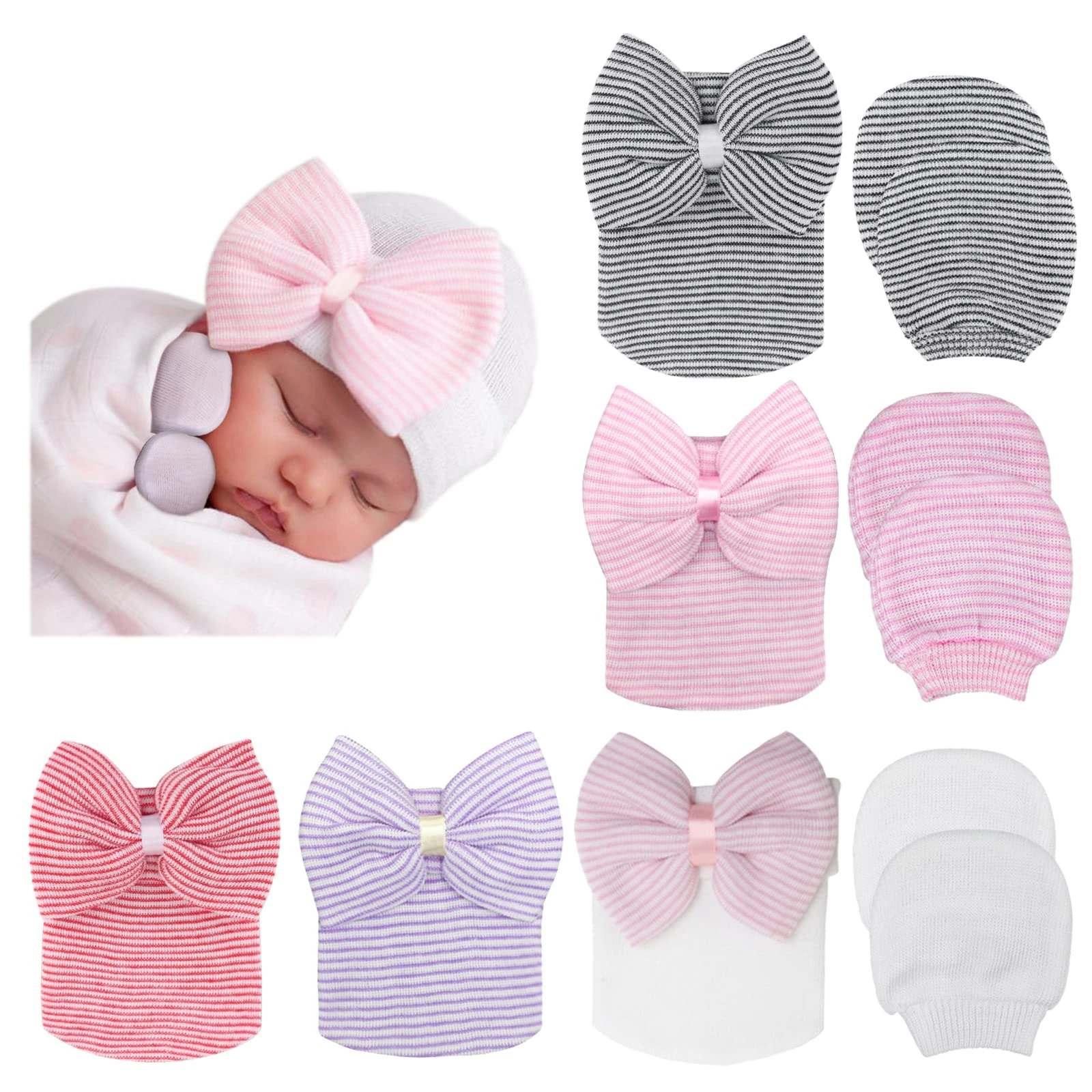 DRESHOW Newborn Baby Hat and Mittens, 5 Hats and 3 Pairs Mittens for Babies, Boys, Girls,Ages 0-3 Months