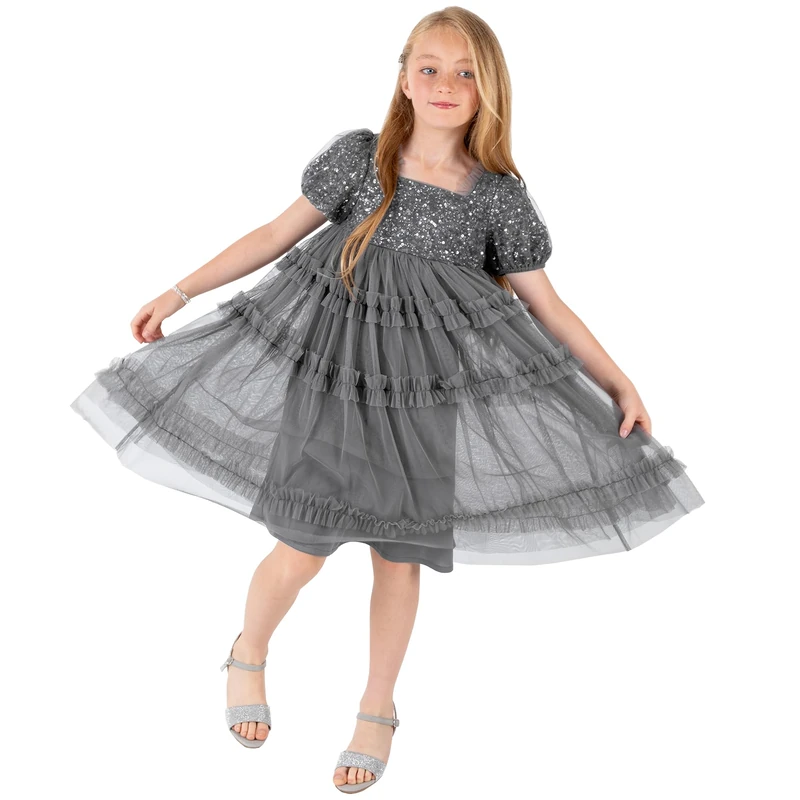 Maya Deluxe Girl's Midi Dress Sequins Embellished Short Sleeves Party Tutu Ruffles Frilly Bridesmaids Wedding Kids Children, Charcoal, 7-8 Years