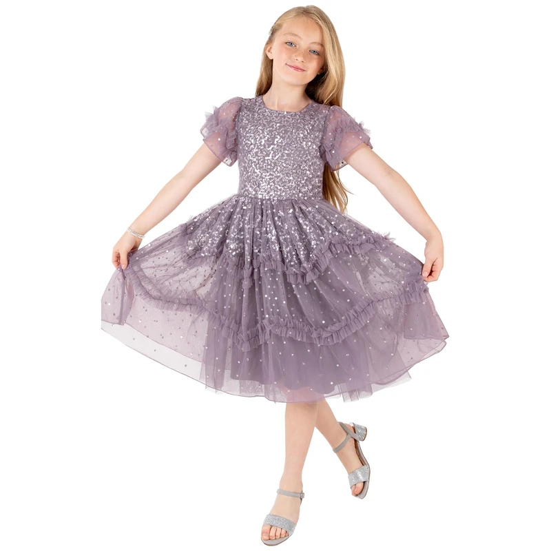 Maya Deluxe Girl's Dress Sequin Ruffles Frilly Sparkling Party Short Sleeve Midi Wedding Guest Tutu Frilly Kids Childrens Prom, Moody Lilac, 3-4 Years