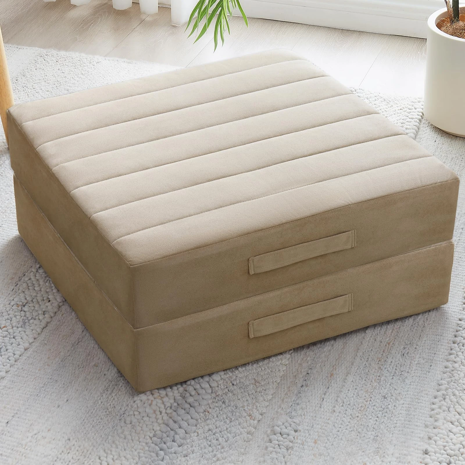 JKMAX 2 Pcs High Density Foam Floor Pillow - Upgraded Large Pillows Seating for Adults - Outdoor Floor Cushion with Soft Tufted Cover - Yoga Pillows for Sitting On Floor - 22 Inch Khaki