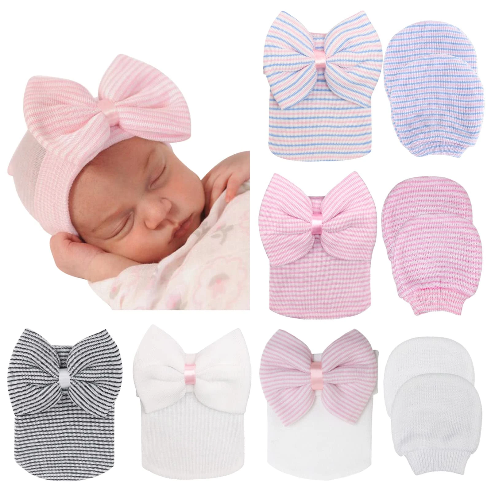 DRESHOW Newborn Baby Hat and Mittens, 5 Hats and 3 Pairs Mittens for Babies, Boys, Girls,Ages 0-3 Months