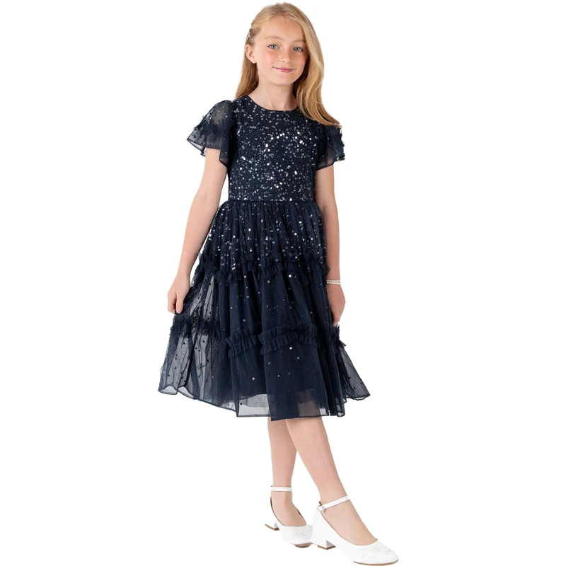 Maya Deluxe Girl's Dress Sequin Ruffles Frilly Sparkling Party Short Sleeve Midi Wedding Guest Tutu Frilly Kids Childrens Prom, Navy, 3-4 Years - Image 1