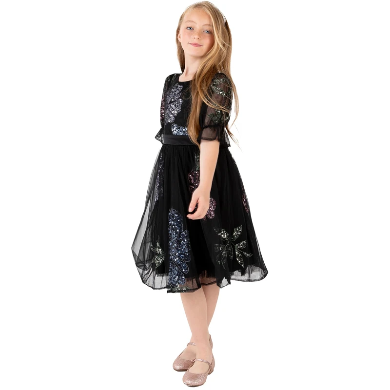 Maya Deluxe Girl's Midi Dress Floral Sequins Embellished Short Sleeve Puff Tulle Tutu Party Bridesmaids Wedding with Belt Bow, Black, 3-4 Years