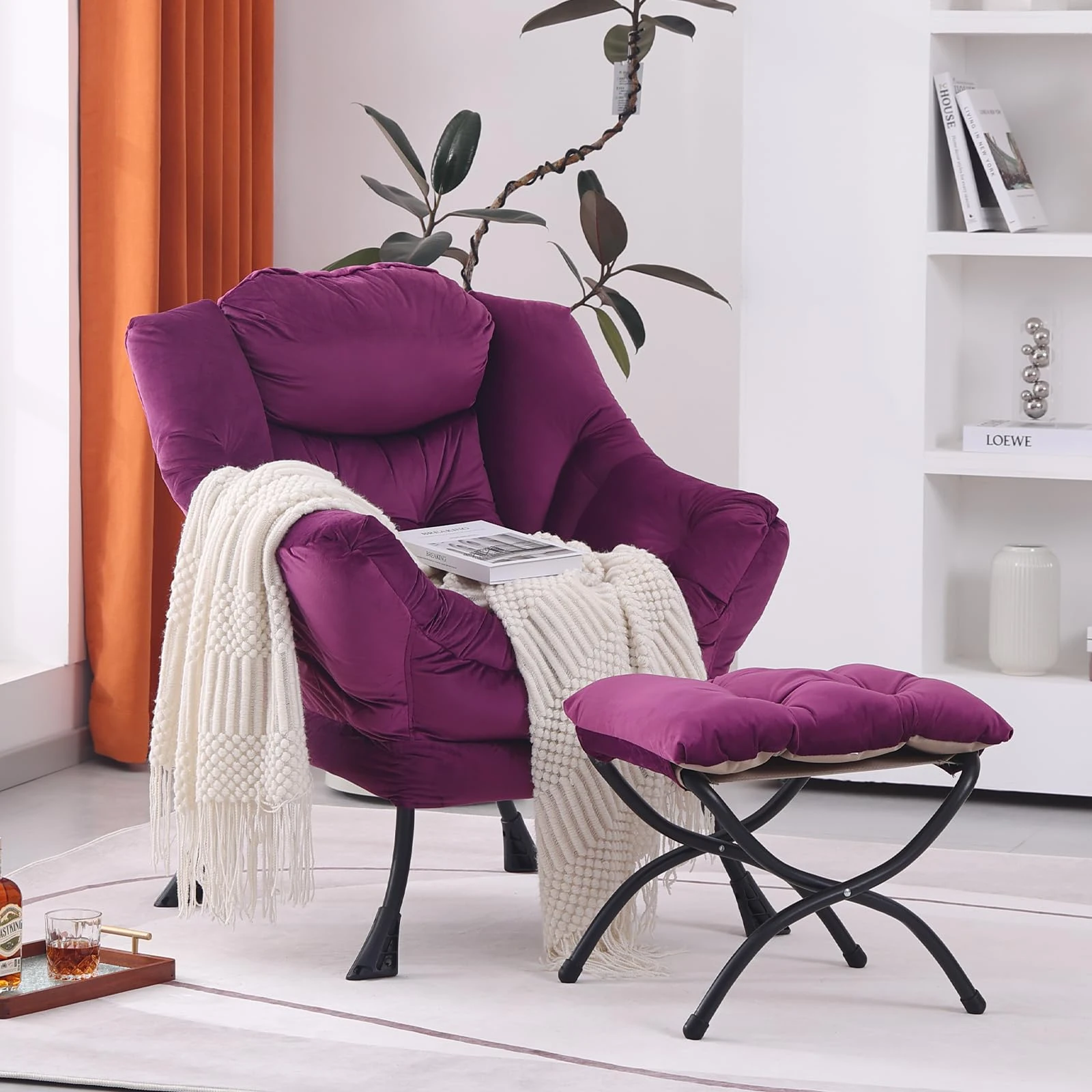 SESHINELL Armchair with Ottoman, Comfy Upholstered Lounge Reading Chair with Side Pocket and Armrests, Modern Bedroom Lazy Chair and Footstool Set for Living Room, Dark Purple