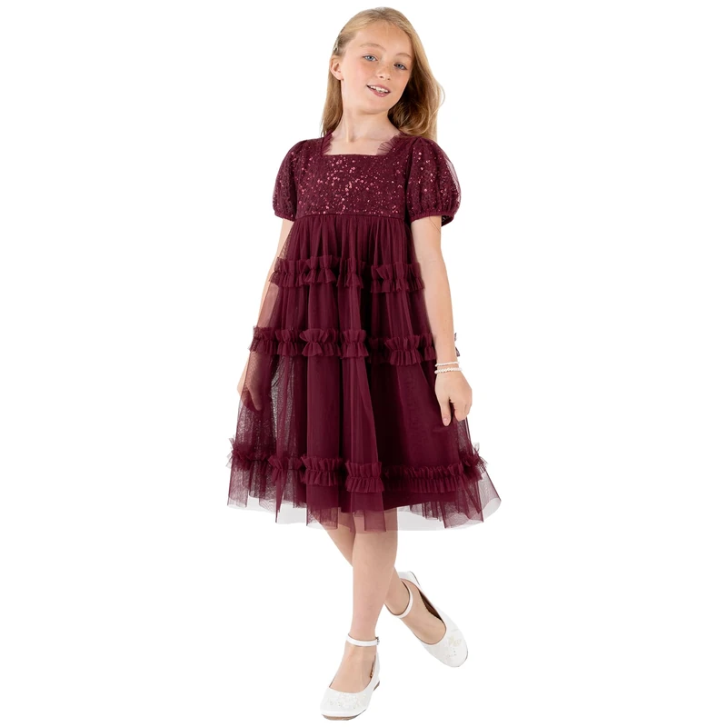 Maya Deluxe Girl's Midi Dress Sequins Embellished Short Sleeves Party Tutu Ruffles Frilly Bridesmaids Wedding Kids Children, Red Berry, 3-4 Years
