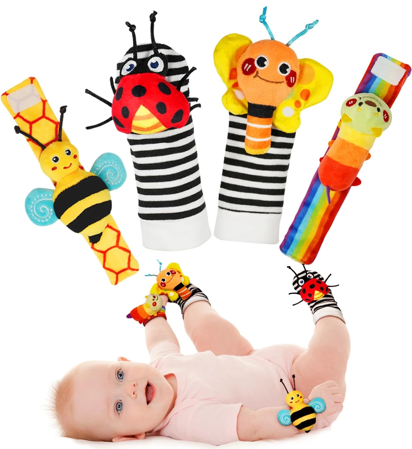 Infinno Wrist Rattle Socks and Foot Finder - Baby Educational Toy for Newborn Boys and Girls, 0-12 Months - Perfect for Baby Shower or Birthday Gifts