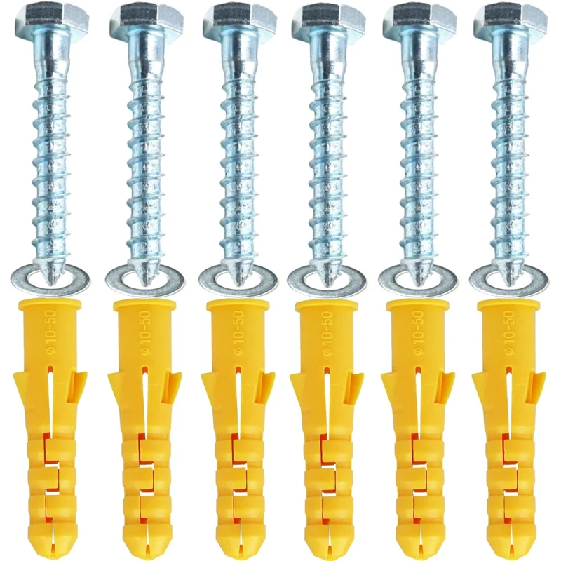 M10x50mm Heavy Duty Masonry Brick Wall Fixing plug + Coach Bolt Screw Zinc Plated and Washer,Strong Nylon Wall Plug Steel Bolt KIt for Tv Bracket Aerial Mast Sky Dishes Shelves Mounting (6)