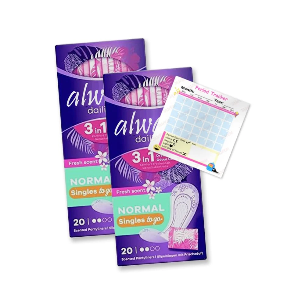 Dailies Panty Liners Normal 40x Fresh Scent Pantyliners | Go Fresh 3 in 1 | Singles Individually Wrapped | Odour Neutralising | Comfort | Pack of 2X 20 | Including Period Tracker