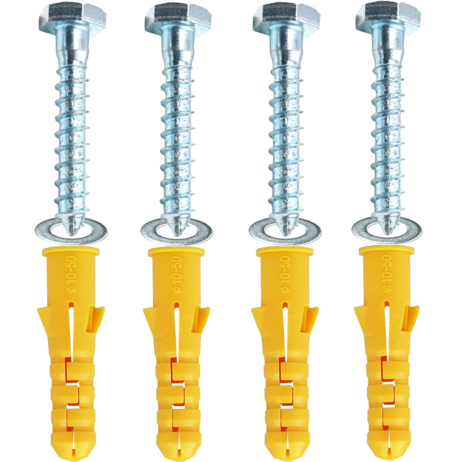 M10x50mm Heavy Duty Masonry Brick Wall Fixing plug + Coach Bolt Screw Zinc Plated and Washer,Strong Nylon Wall Plug Steel Bolt KIt for Tv Bracket Aerial Mast Sky Dishes Shelves Mounting (4)