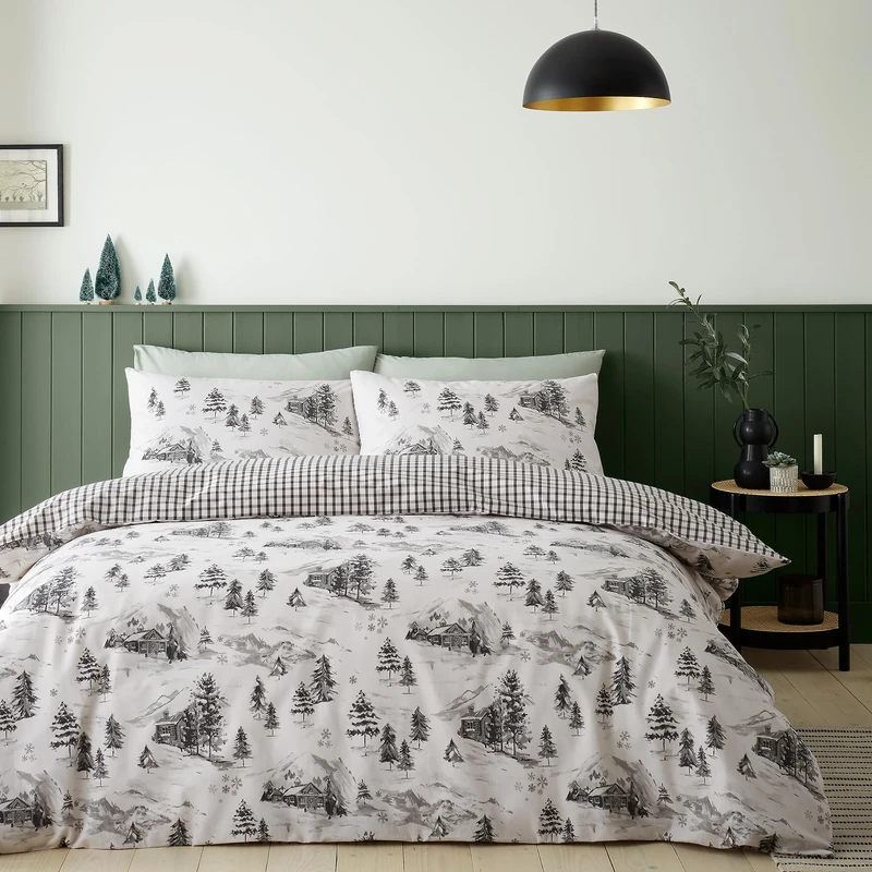 Catherine Lansfield Brushed Cotton Alpine Village King Duvet Cover Set with Pillowcases Natural