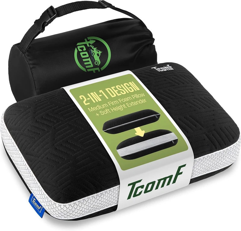 TCOMF 100% Memory Foam Pillow - Dual-Cover Travel Pillows with Height Extender - Ultra-Soft Neck Pillow - Camping Pillow for Sleeping with 5 Layers for Comfort and Support - Small and Portable (Black)