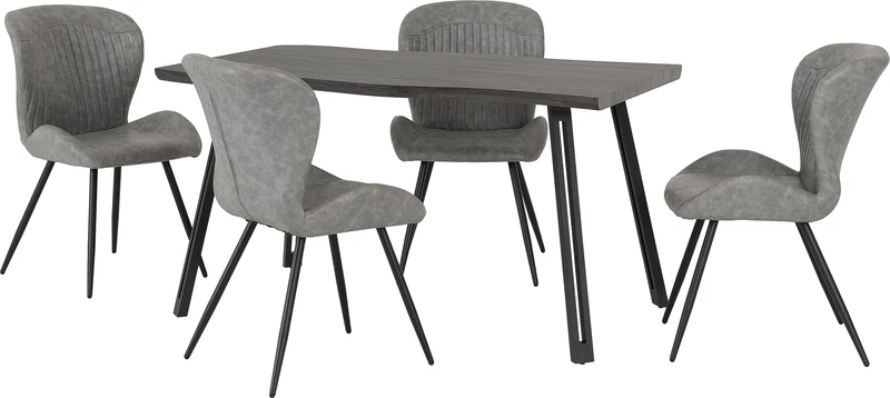 Seconique Quebec Wave Edge Dining Set with 4 Dining Chairs in Black Wood Grain/Grey Pu