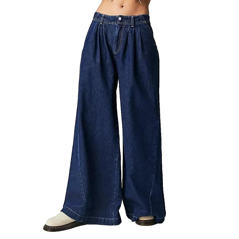 FeMereina Women 's Baggy Jeans Mid Rise Boyfriend Wide Leg Denim Pants Loose Jeans Trousers with Pockets Y2K Streetwear (Dark Blue, M)