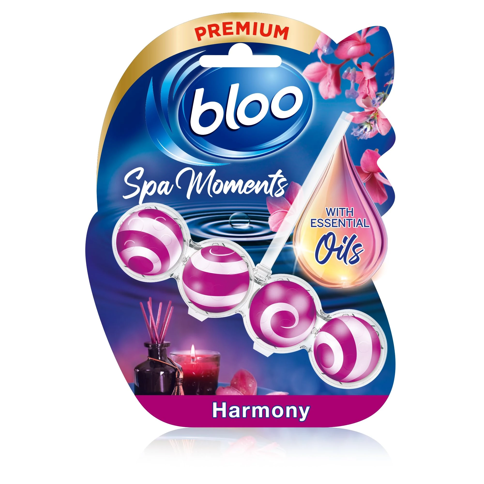 Bloo Spa Moments Harmony Toilet Rim Block, Premium Toilet Cleaner with Essential Oils, Toilet bowl freshener with Relaxing and Long-Lasting Scent – 1 x Toilet Block.
