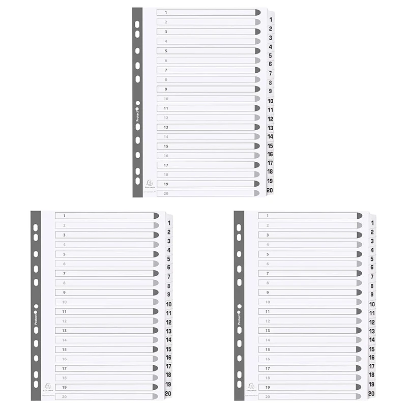 Exacompta - Ref MWD1-20Z - Mylar Printed Indices - for Use WithA4 Documents, Pre-Punched, 160gsm White Card with Reinforced Plastic Tabs, FSC-Certified - 20-Part Dividers (1-20) (Pack of 3)