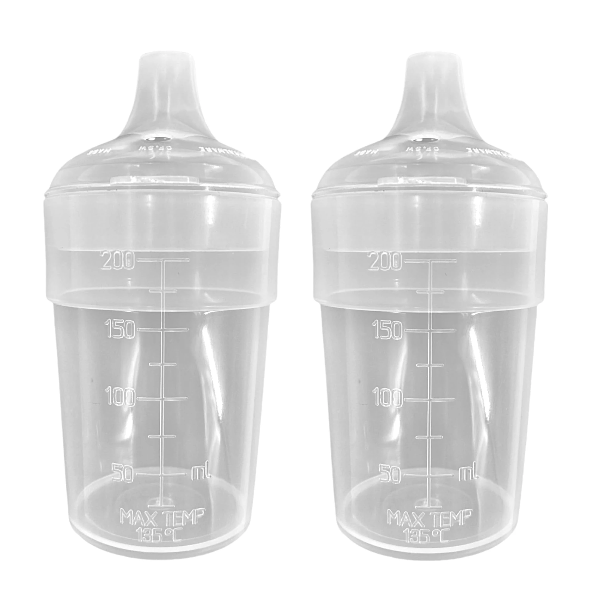 Chabrias Ltd 2 Pack Feeding Beakers 200ml UK Made- Clear with Wide Spout Lids, & Controllable Flow – Reusable, Microwave Safe, Adult Sippy Cup, Spill-Proof, Autoclavable, Care Homes, Caring, Nursing