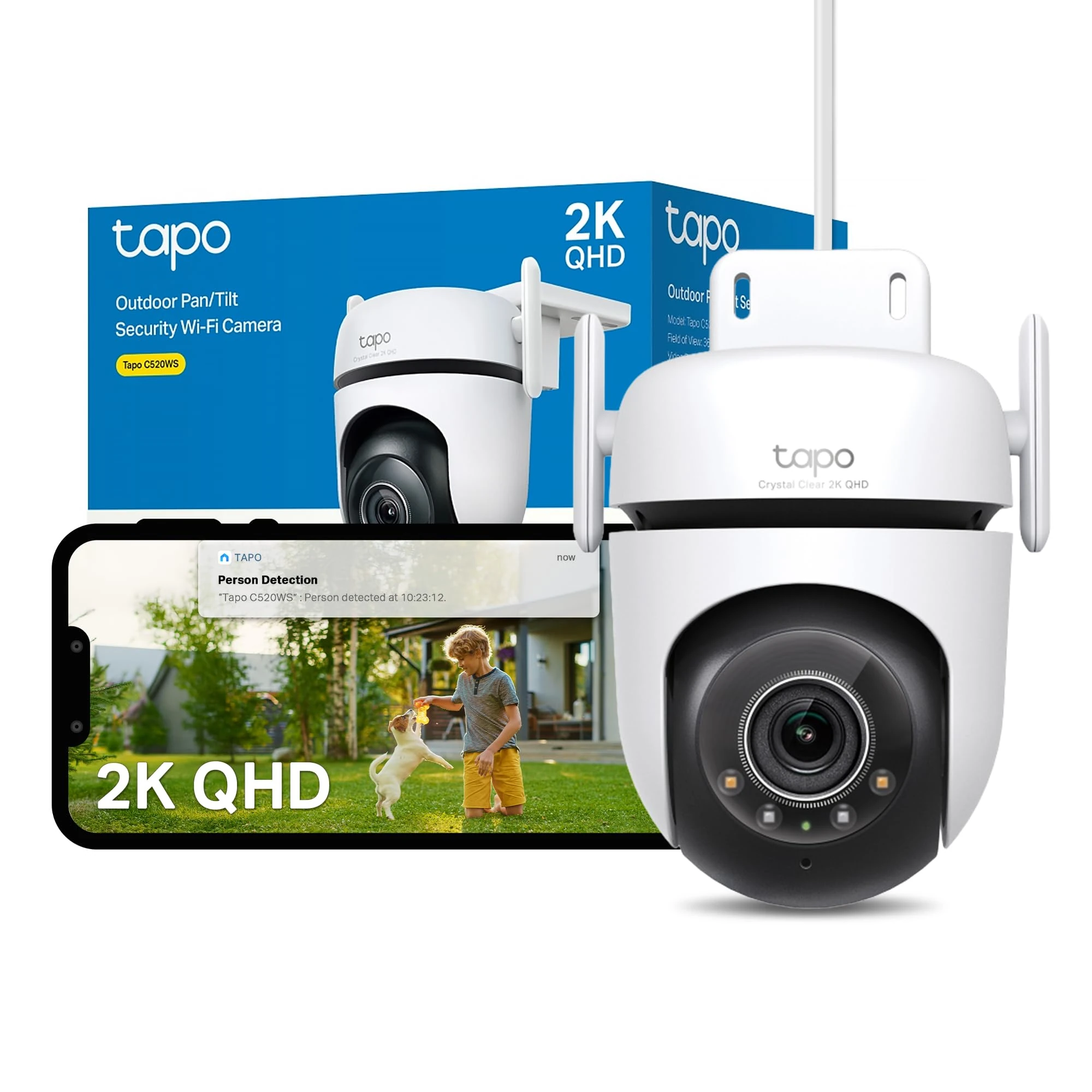 Tapo C520WS Pan/Tilt Outdoor Security Camera, 2K 4MP WiFi Outdoor Camera, 360° Vision Motion Tracking, No Monthly Fee, AI Detection, Starlight Colour Night Vision, IP66, Works with Alexa & Google