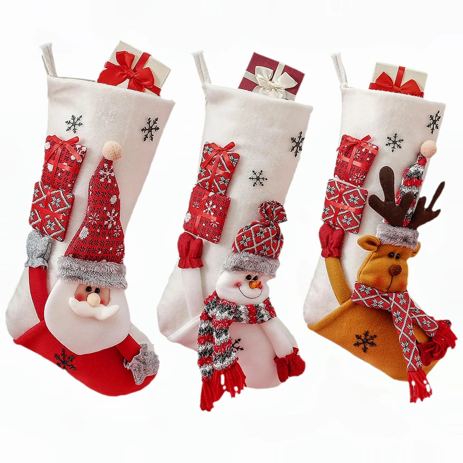 Large Christmas Stockings Pack of 3, Santa, Snowman, Reindeer Xmas Christmas Stockings 18 Inches, Christmas Stockings for Fireplace, Velvet Plush White Stockings Christmas with 3D Plush Character