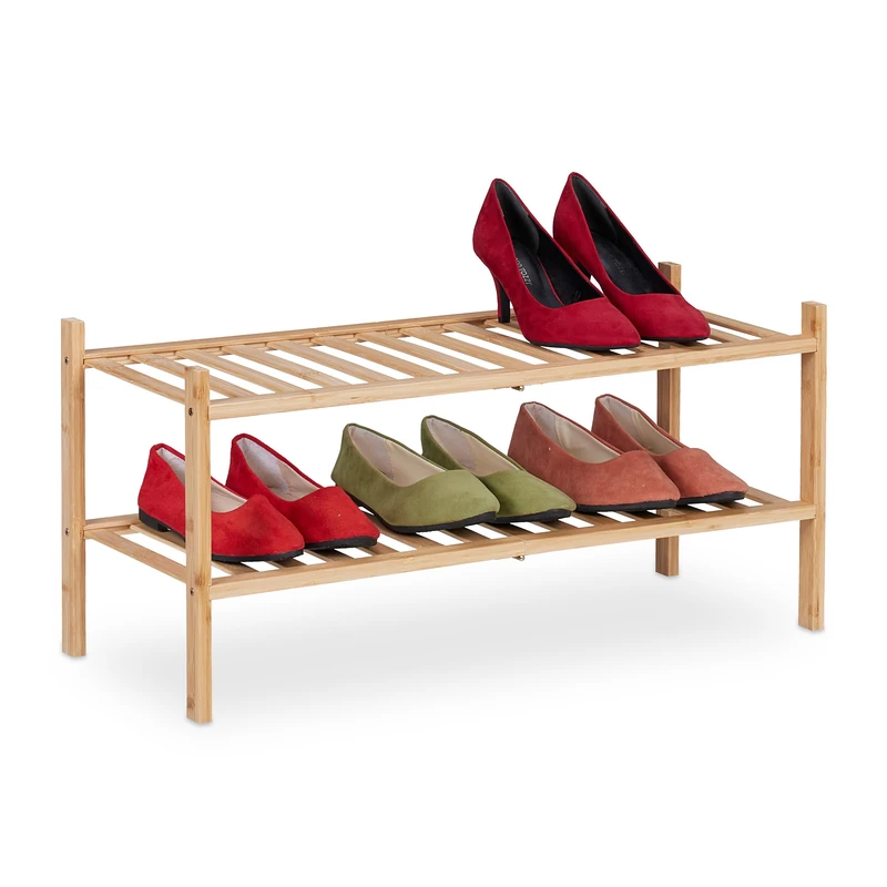 Relaxdays Rack, Organiser with 2 Levels, Stores 6 Pairs of Shoes, HxWxD: 32 x 68.5 x 28, Stackable, Natural, Bamboo, 32 x 68.5 x 28 cm