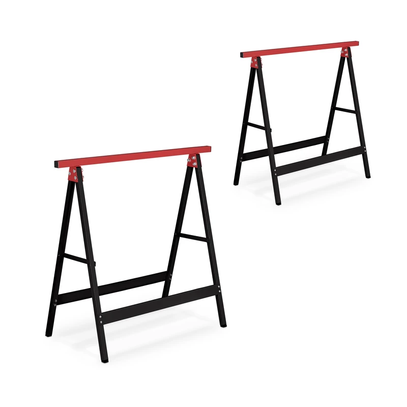 Relaxdays Set of 2 Sawhorses, Folding, 100 kg, 74 x 78 x 40 cm, Multipurpose Workbench, Wallpapering, Metal, Black/Red, Steel