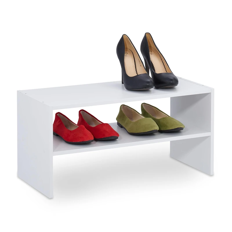 Relaxdays Rack, Organiser with 2 Levels, Stores 4 Pairs of Shoes, HxWxD: 29.5 x 60 x 29.5, Stackable, White, Fibreboard, 29.5 x 60 x 29.5 cm