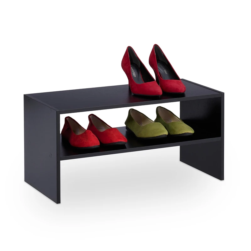 Relaxdays Rack, Organiser with 2 Levels, Stores 4 Pairs of Shoes, HxWxD: 29.5 x 60 x 29.5, Stackable, Black, Fibreboard, 29.5 x 60 x 29.5 cm