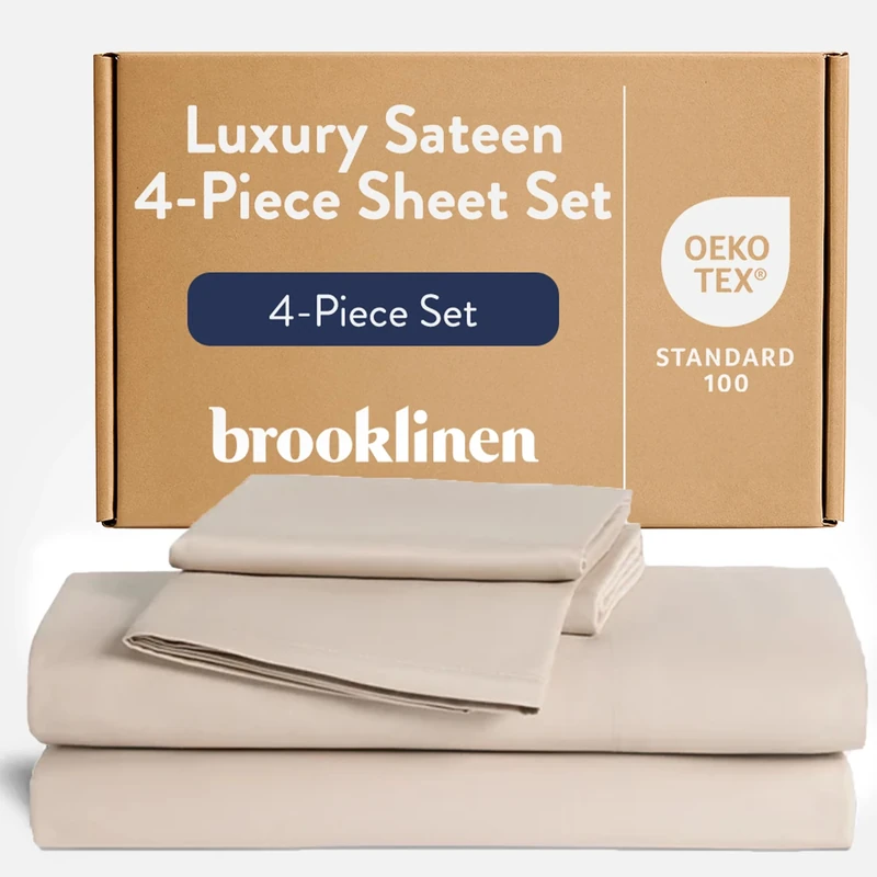 Brooklinen Luxury Sateen 4 Piece Queen Size Sheets Set in Pebble - 100% Cotton Sateen Sheets - 1 Fitted Sheet, 1 Flat Sheet, 2 Pillowcases - Best Luxury Sheets