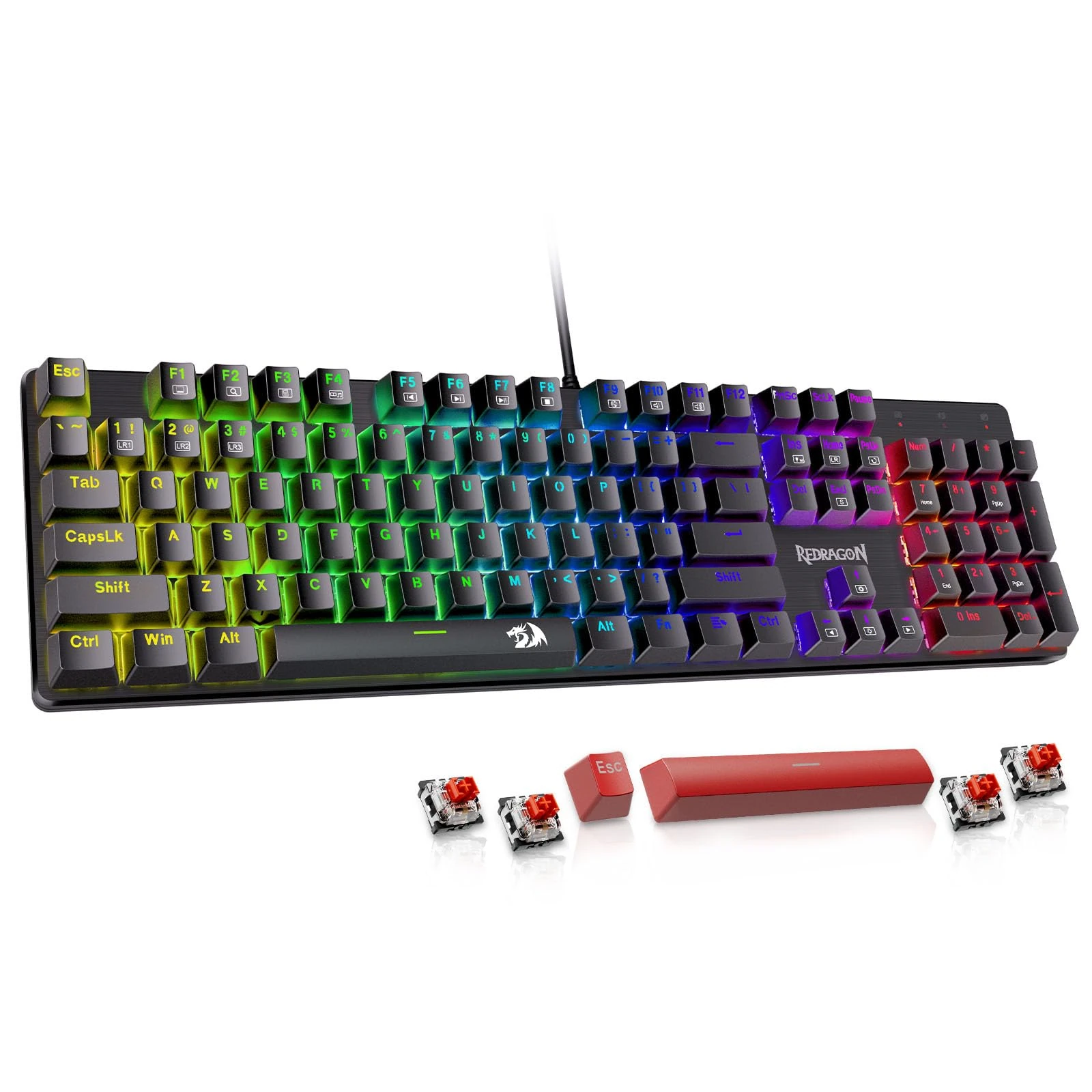 Redragon Mechanical Gaming Keyboard, Wired USB-A, 104 Keys, RGB LED Backlit, Hot-Swappable Red Switch, Anti-Ghosting, Double-Shot PBT Keycaps, PC Gaming Keyboard