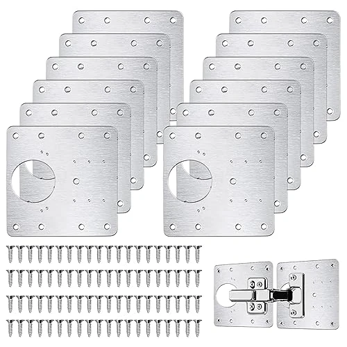 Flintronic 12PCS Hinge Repair Plate, Stainless Steel Hinges Repair Brackets, Cabinet Hinge Repair Plate with 80pcs Customized Screws, Flat Fixing Joining Mending Plates Brackets for Wood Furniture