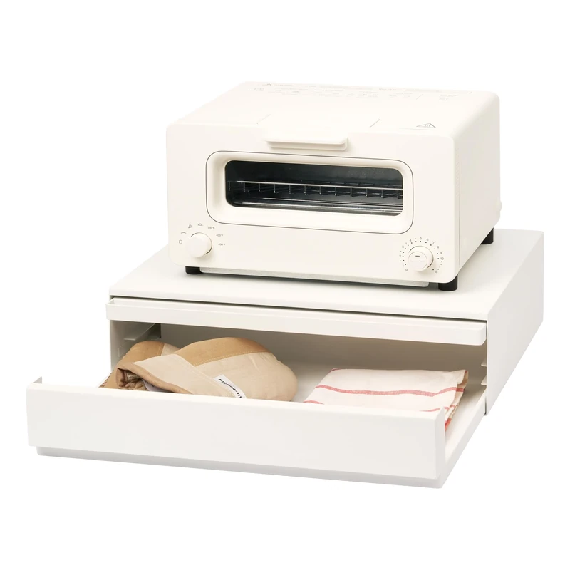 Yamazaki 2007 TOWER Sliding Countertop Tray With Drawer, White, Steel/Polypropylene/Silicone, Minimalist Design, 45 x 39.3～64 x 13.5 cm (LxWxH)