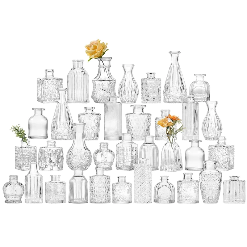 Fixwal 36 Glass Bud Vase Set, Small Vases for Flowers, Clear Bud Vases for Centerpieces Mini Flower Vases in Bulk for Rustic Wedding Decorations Vintage Look Home Table Decor