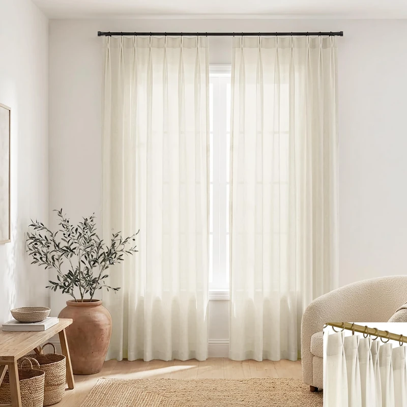 SHINELAND Sliding Door Curtains for Patio,100 Inch Long Linen Extra Wide Window Light Filtering Semi Sheer Double Pinch Pleated Custom Curtains for Sliding Glass Doors Sunroom 2 Panels Set