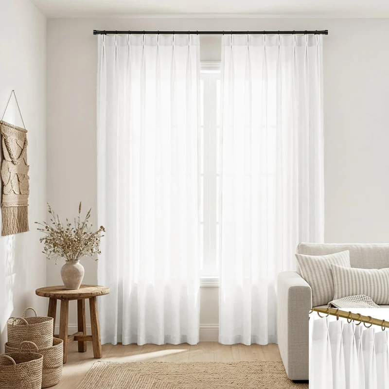 SHINELAND 105 Inch 2 Panels White Linen Blended Light Filtering Window Curtains
