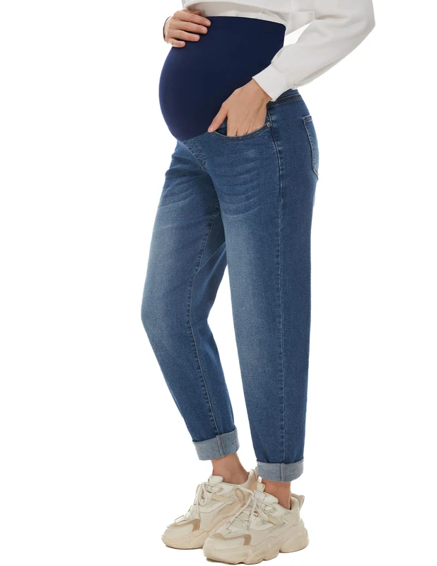 POSHGLAM Women's Maternity Jeans Over Belly Comfy Stretch Boyfriend Jeans Denim Pregnancy Pants, S-XXL, A02 Dark Blue, Large