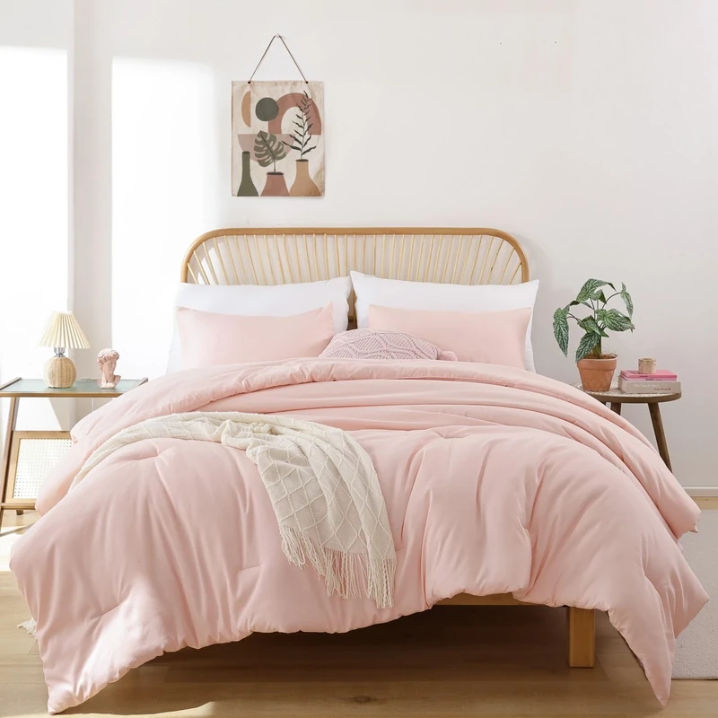 ROSGONIA Blush Comforter Set Queen, 3pcs (1 Boho Pink Comforter & 2 Pillowcases) All Season Soft Bedding Lightweight Bedspread Blanket Quilt Gifts