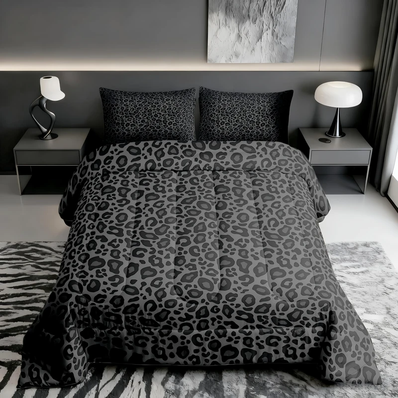 Castle Fairy Leopard Print 3 Pcs King Size Comforter Set,African Cheetah Wildlife Down Alternative Adults Bedroom Decor,Black Wild Animal Skin Ultra Soft Microfiber Inner Fill 3Pcs Bedding