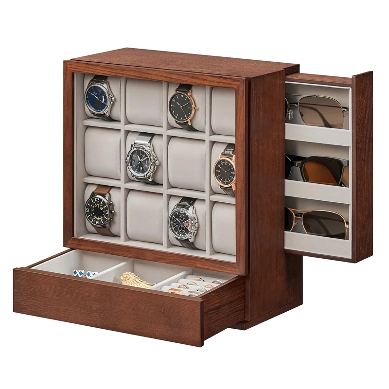 SONGMICS 12-Slot Wooden Watch Box, Watch Display Case with Window, Watch Display Cabinet with Solid Wood Veneer, Vertical Storage, Space Saving, Gift Idea, Coffee Brown JOW014K01