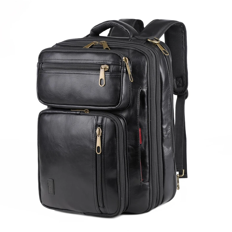 Vegan Leather Laptop Backpack Briefcase Hybrid 15.6 Inch Laptop Travel Backpack Hiking College Backpack for Men BC-04, Black, L, Travel Backpack