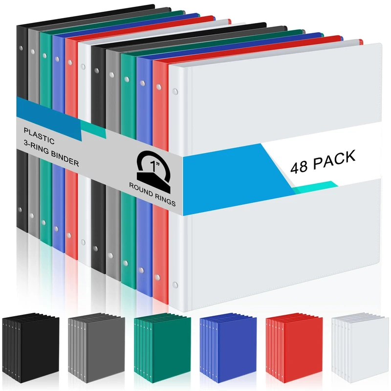 Fulmoon 48 Pack Flexible 3 Ring Binders Bulk, Plastic Binders with 2 Pockets, Loose Leaf Binder Hardcover Binders for School Office Home, 6 Colors (Classic,1 Inch)