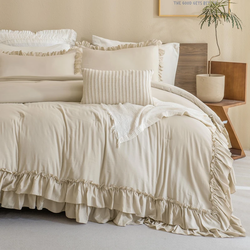 QSH Shabby Ruffled Comforter Queen Size, Farmhouse Wheat Bedding Comforter Set, 3 Pieces Lightweight Vintage Rustic Soft Comforter Queen for Bed, All Season Microfiber Fully Bedding Sets
