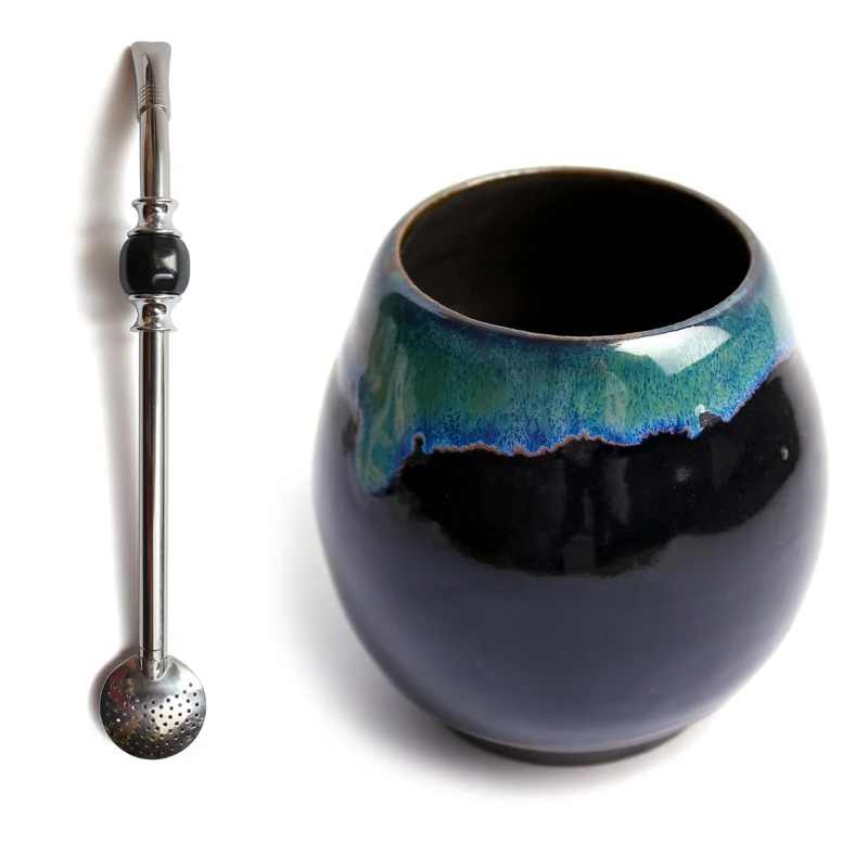 La Fuente Set for Yerba Mate Tea | Eramik Mate Tea Cup Handmade~300ml | Unique Matero | Dishwasher Safe | Stainless Steel Straw Bombilla Bola Black for Mate Tea 21 cm | Set for Yerba Mate Tea - Image 1