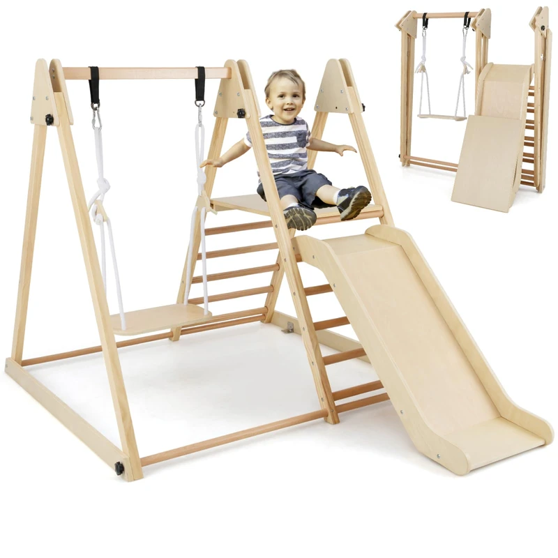 GYMAX 3 in 1 Kids Climbing Set, Wooden Toddler Swing Climber Set with ASlide & Adjustable Rope, Indoor Playground Children Climbing Frame for 3 Years Old + Boys Girls (Natural)