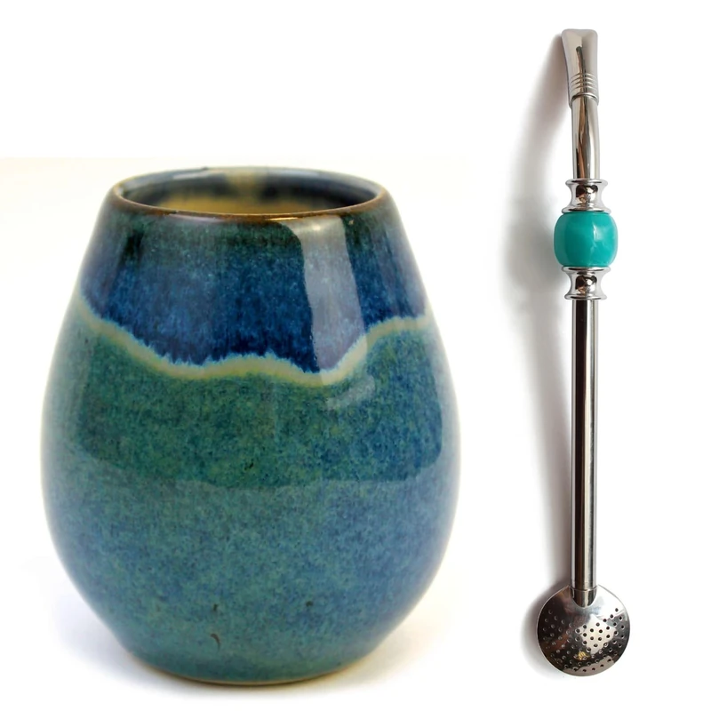 La Fuente Turquoise Handmade Ceramic Mate Tea Cup Set, 300 ml, Traditional Mate Teacup, 2-Piece, Dishwasher Safe, Stainless Steel Straw Bombilla, Suitable for Home and Hot Drinks - Image 1