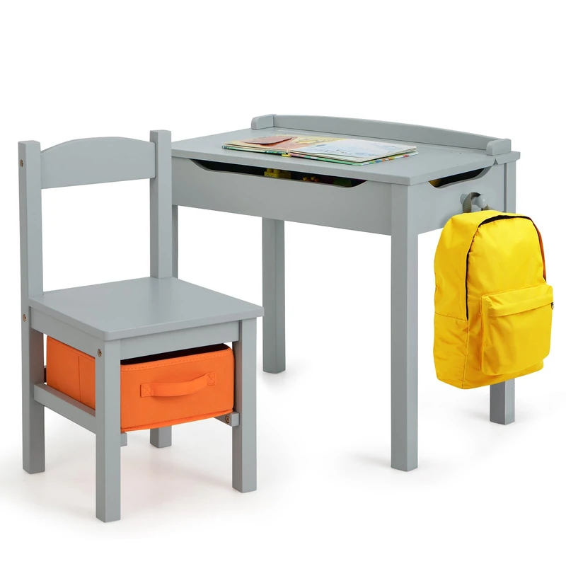 GYMAX Kids Desk and Chair Set, Wooden Children Activity Table with Chair, Storage Space & Lift-up Tabletop, Toddler Study Desk Set for Boys Girls (Grey) - Image 1