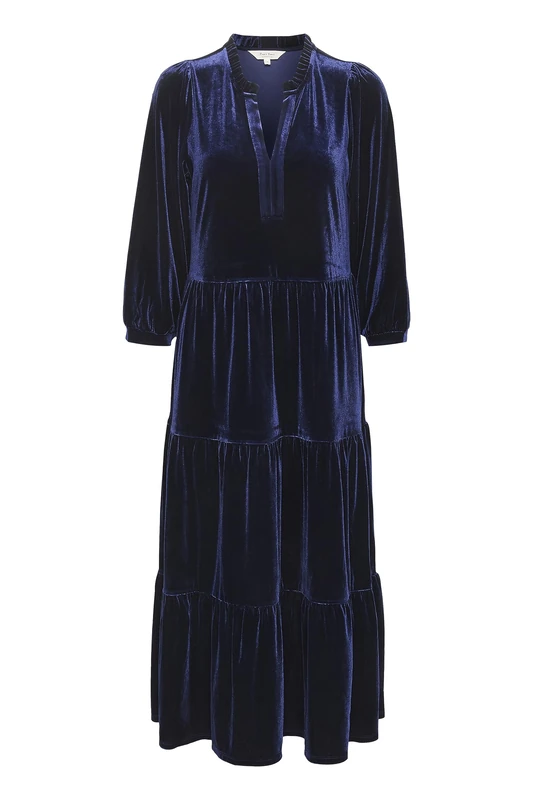 Part Two Women's Velvet Dress 3/4 Sleeves Midi Length Loose Fit V-Notch Neck, Midnight Sail, 6