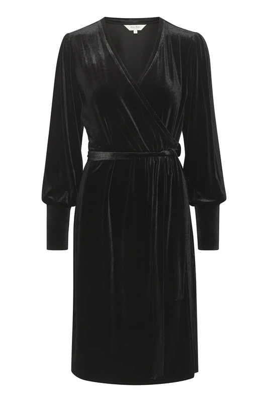 Part Two Women's Wrap Dress Velvet Long Sleeves Above Knee Length V-Neck, Black, 6