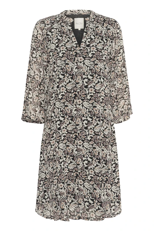 Part Two Women's Dress Chiffon Above Knee Length Regular Fit V-Neck 3/4 Sleeves, Black Wallpaper Print, 14