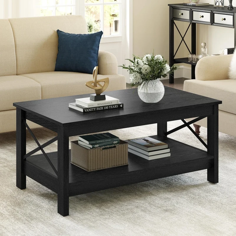YITAHOME Coffee Table with Storage Shelf, 100x55.3x45cm Modern Farmhouse X-Shaped Coffee Tables for Living Room, Small 2-Tier Thicker Wood Accent Cocktail Center Ends Coffee Table (Black)