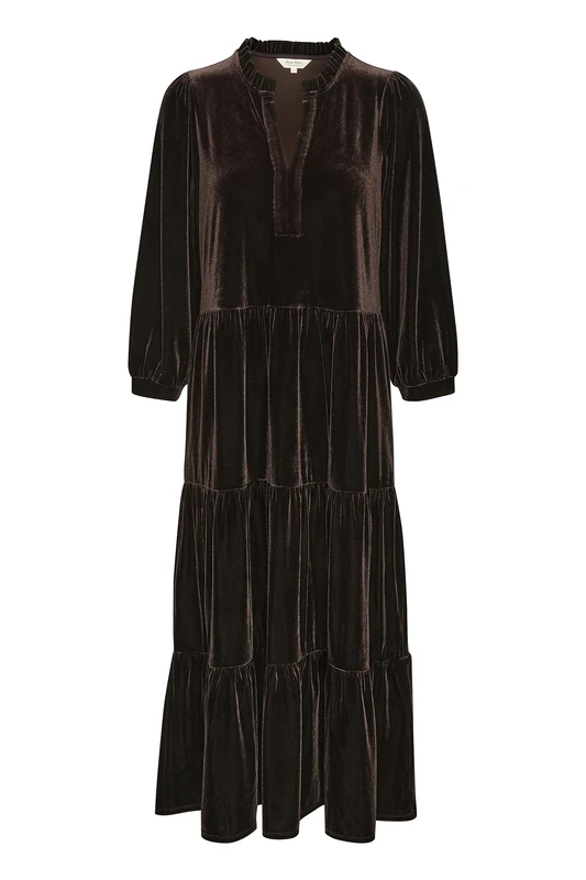 PART TWO Women's Women's Velvet Dress 3/4 Sleeves Midi Length Loose Fit V-Notch Neck Dress, Mole',